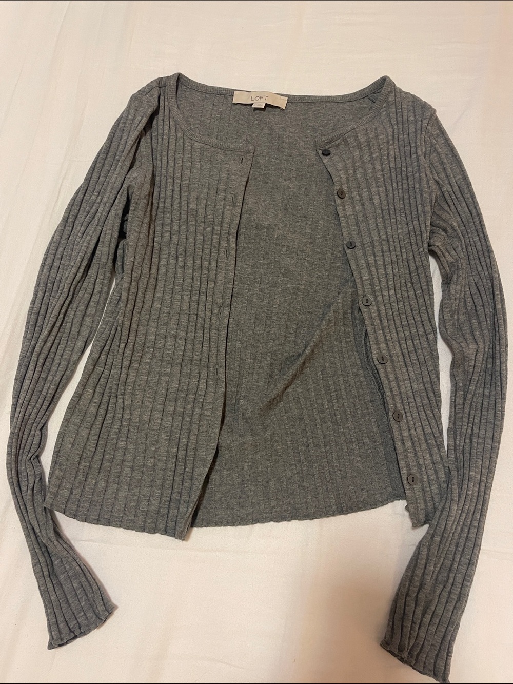 LOFT Gray Ribbed Button-Front Cardigan and Tank Set - Picture 2 of 6